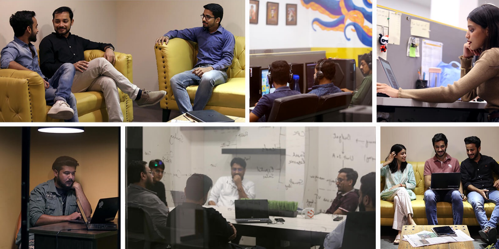 Six photographs of Salsoft Technologies employees: colleagues talking in a lounge, developers at their desks, and a team meeting around a whiteboard.